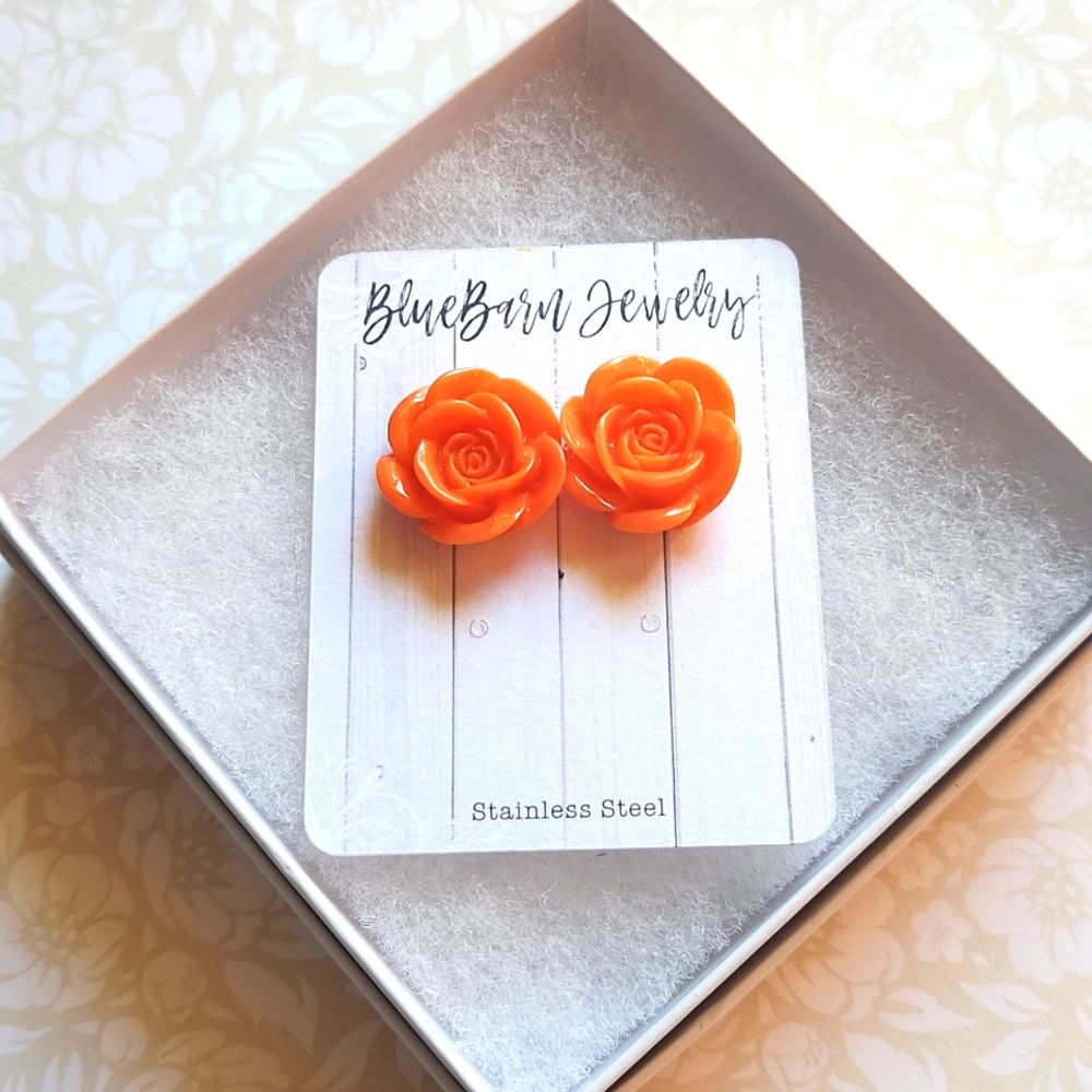 Handmade Orange Rose Stud Earrings